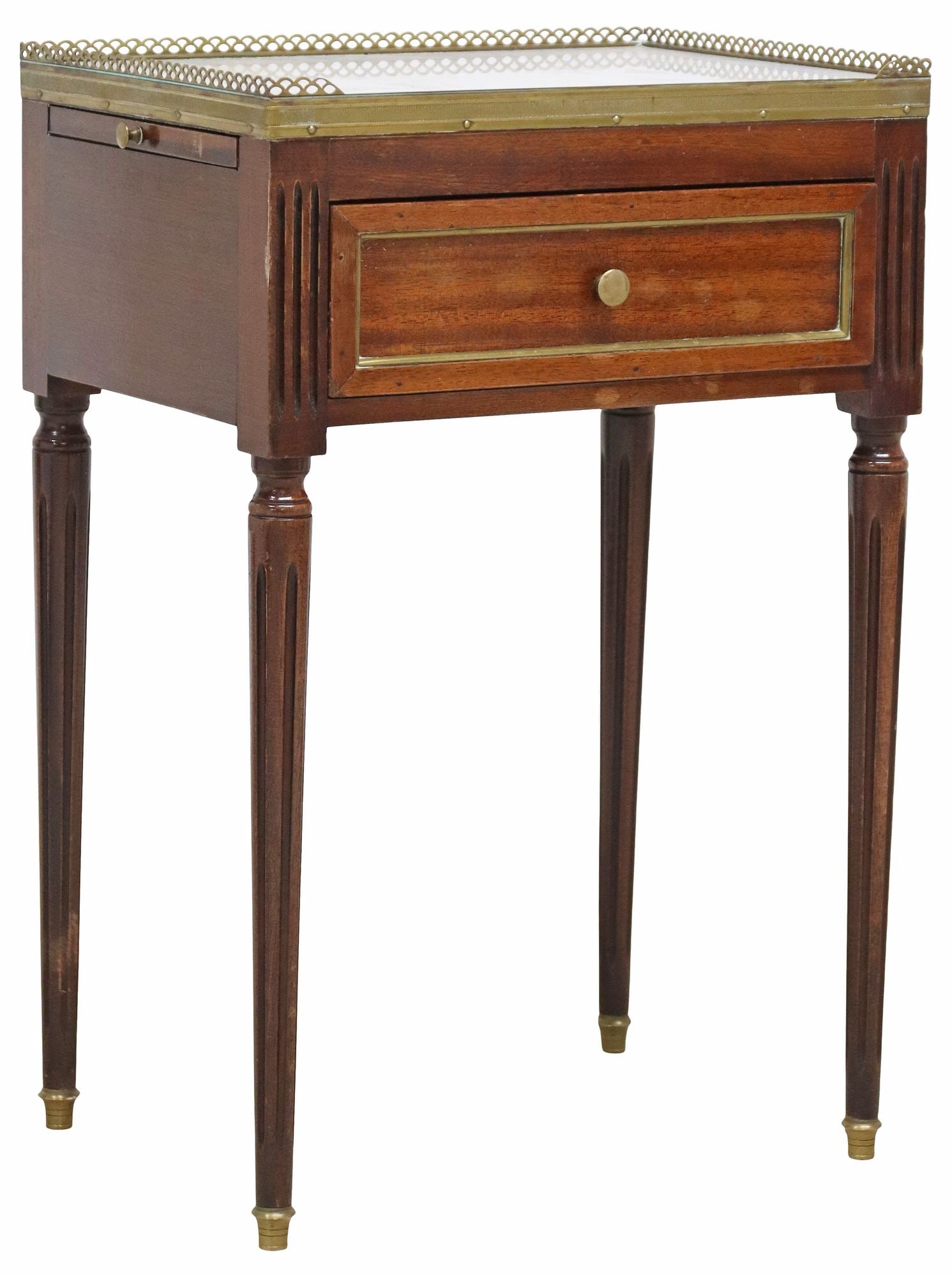 FRENCH LOUIS XVI STYLE MARBLE-TOP MAHOGANY NIGHTSTAND: French Louis XVI style mahogany nightstand, 20th c., having inset marble top with pierced gilt metal three-quarter gallery, over single drawer, fluted corner posts, both sides fitted with leather-inse