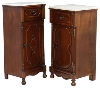 (2) SPANISH MARBLE-TOP MAHOGANY BEDSIDE CABINETS