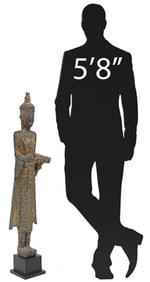 SOUTHEAST ASIAN THAI PARCEL GILT & INLAID BUDDHA ON STAND, 50.5"H