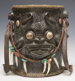 DAYAK PEOPLE BONE-INLAID HARDWOOD CEREMONIAL BABY CARRIER