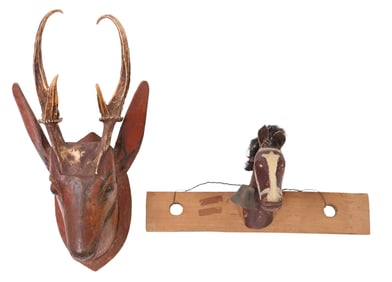 (2) INDONESIAN CARVED WOOD DEER ANTLER MOUNT & RUSTIC HORSE DOORBELL