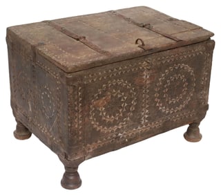 CARVED HARDWOOD IRON-MOUNTED STORAGE TRUNK/CHEST, INDIA