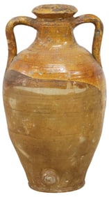 LARGE FRENCH PROVINCIAL STONEWARE OIL JUG, 25"H