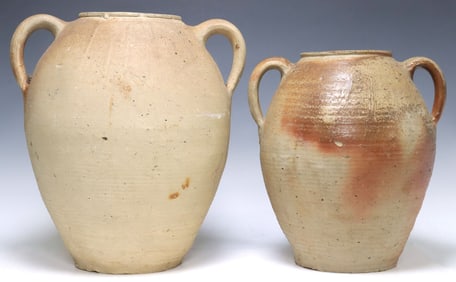 (2) FRENCH PROVINCIAL STONEWARE DUAL-HANDLED CROCKS