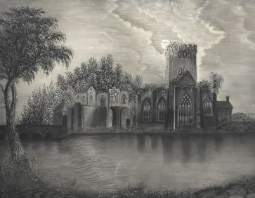 AMERICAN FOLK ART CHARCOAL & CHALK ON SANDPAPER DRAWING, 19TH C.