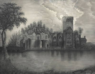 AMERICAN FOLK ART CHARCOAL & CHALK ON SANDPAPER DRAWING, 19TH C.: American School charcoal and white chalk drawing on marble-dusted paper, Gothic Commune at Twilight, apparently unsigned, sight: approx 15"h, 19.25"w, overall: approx 23.75"h, 28 1/8&qu