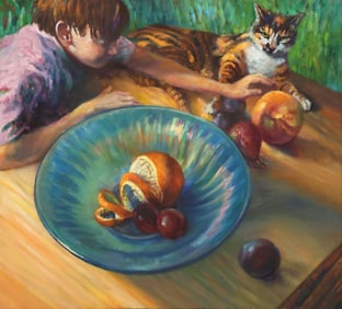 PHILLIP WADE (20TH C.) OIL PAINTING CHILD & CAT, 32" X 36"