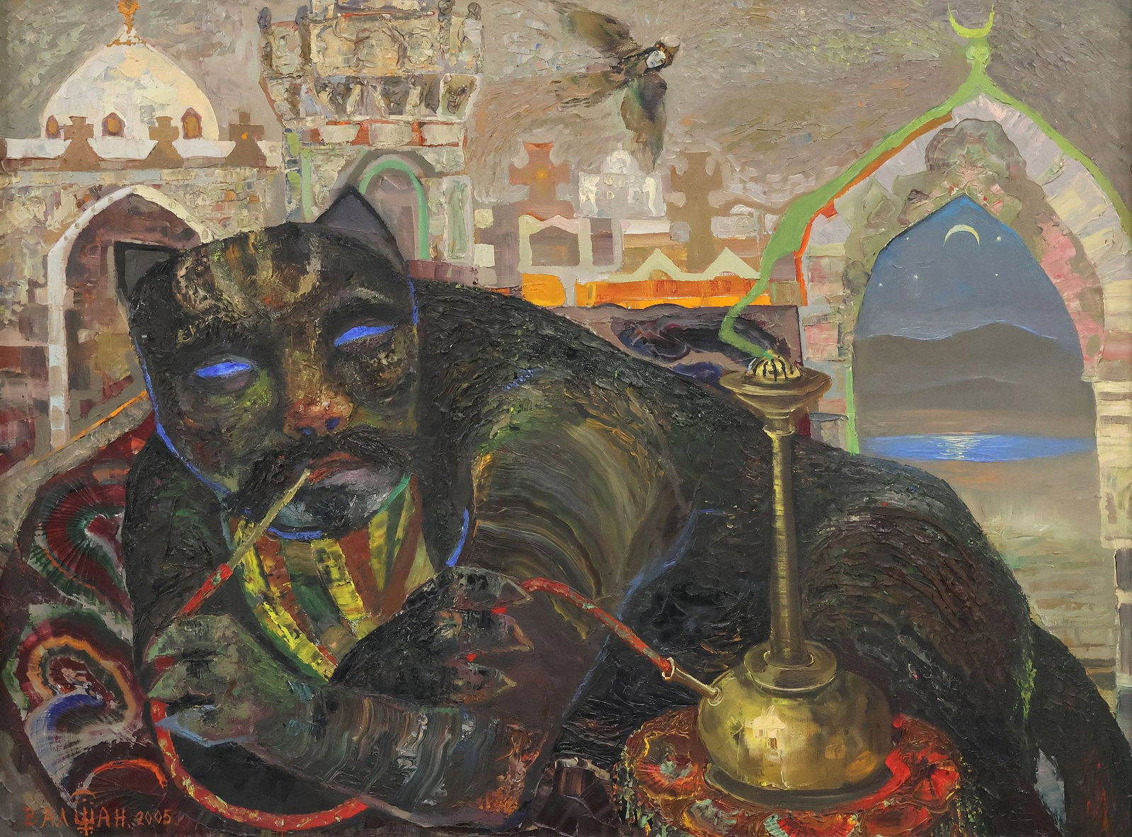 VALENTINE VALSHAN (20TH C.) PAINTING 'CAT WITH HOOKAH': Framed oil on canvas painting, "Cat with a Hookah," signed in Cyrillic lower left, Valentine Valshan (Ukrainian-Russian, 20th c.), dated 2005, titled on back stretcher, sight: approx 23"