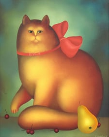 IGOR GALANIN (B.1937) HAND-EMBELLISHED PRINT CAT WITH A BOW