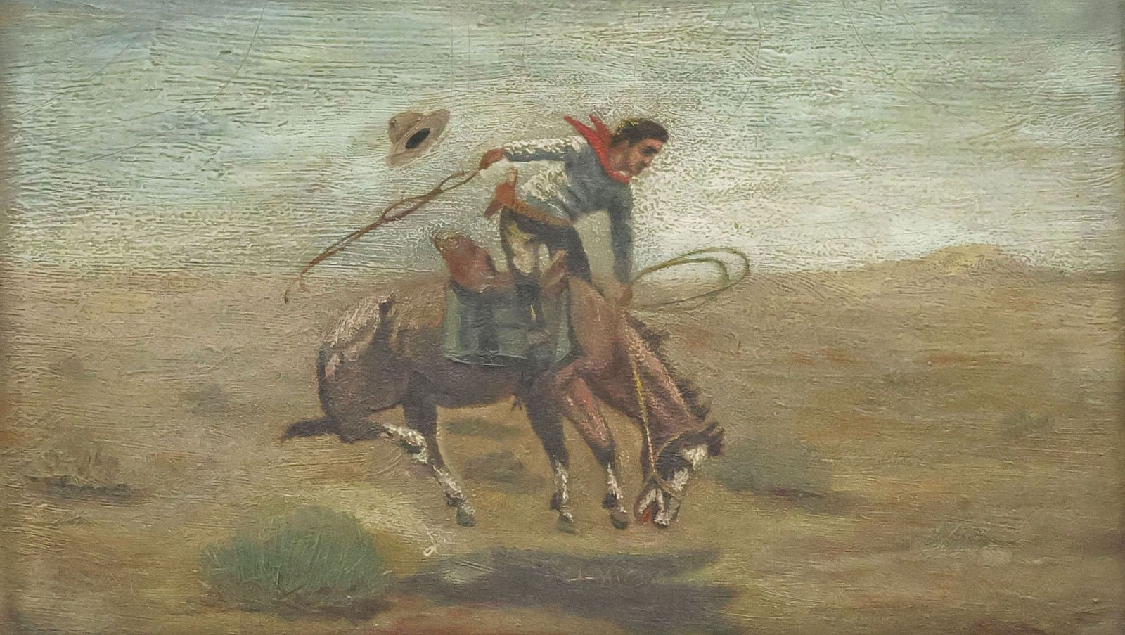 WESTERN OIL PAINTING AFTER CHARLES M. RUSSELL (1864-1926), 'THE BUCKER' (1 of 3)