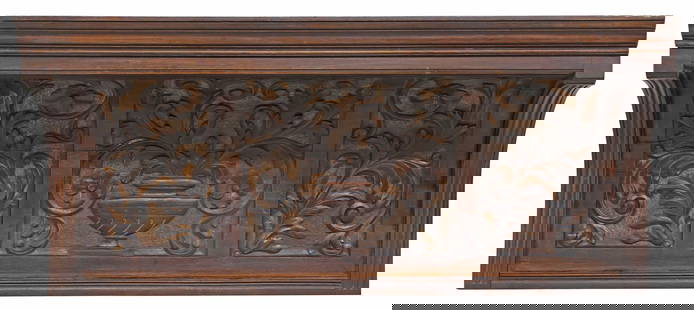 RENAISSANCE REVIVAL URN & FOLIATE CARVED WALNUT ARCHITECTURAL ELEMENT: Renaissance Revival carved walnut architectural element of arched form, now fashioned as mounted shelf, early 20th c., with carved scrolled foliates surmounting central vase, sides with dril