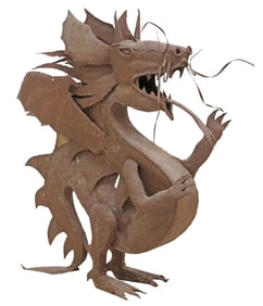 LARGE WELDED OXIDIZED IRON GARDEN SCULPTURE, DRAGON