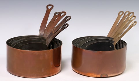 (10) FRENCH GRADUATED COPPER SAUCEPANS, TWO SETS
