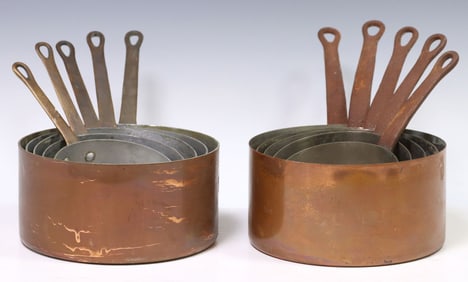(10) FRENCH GRADUATED COPPER SAUCEPANS, TWO SETS