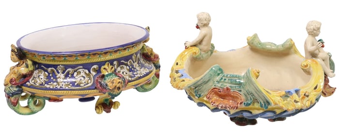 (2) ITALIAN MAJOLICA POLYCHOME GLAZED CENTERPIECES