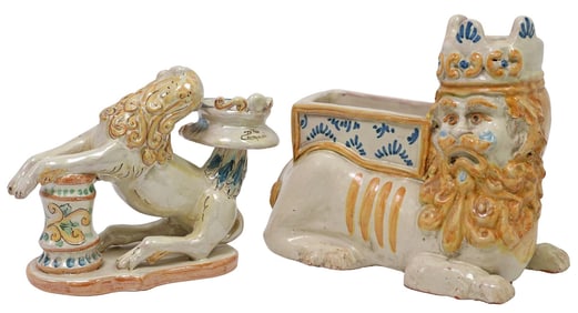 (2) SICILIAN MAJOLICA GLAZED CANDLEHOLDER & SPILL VASE