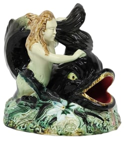 CONTINENTAL MAJOLICA CENTERPIECE TRITON & DOLPHIN