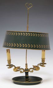 FRENCH EMPIRE STYLE BRASS & TOLE 2-LIGHT BOUILLOTTE LAMP