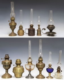(11) COLLECTION OF ANTIQUE CONTINENTAL COPPER & GLASS OIL LAMPS