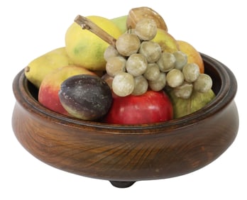 (LOT) COLLECTION OF PAINTED STONE FRUIT IN WOOD BOWL