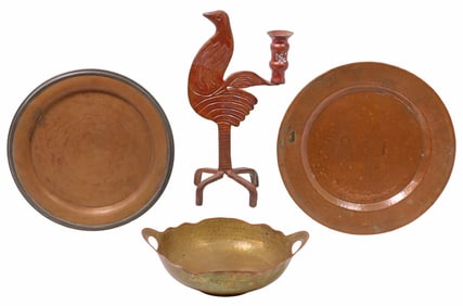 (4) METAL TABLE ITEMS & ROOSTER CANDLESTICK, 1 REED & BARTON PLATE