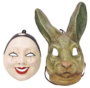 (2) AGOSTINO DESSI (B.1952) ALICE ATELIER ITALIAN PAPIER MACHE THEATER MASKS