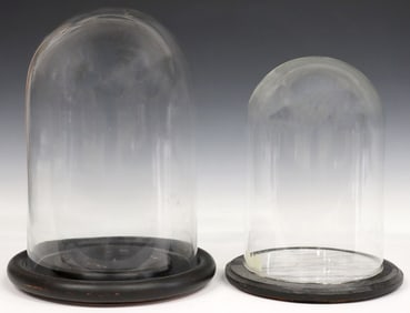 (2) GLASS CLOCHES/ DOMES ON BLACK WOOD & MARBLE BASES