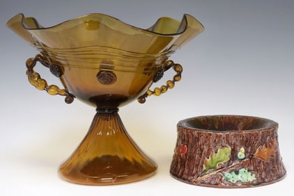 (2) MURANO ART GLASS CENTERPIECE BOWL & MAJOLICA SPITTOON