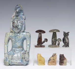 (7) CARVED HARDSTONE ANIMAL FETISHES, MUSHROOMS & FIGURE