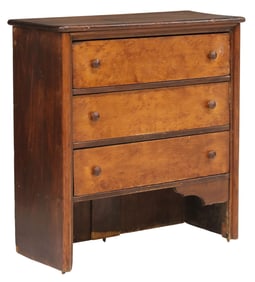 DIMINUTIVE CARVED MIXED-WOOD THREE DRAWER CHEST OF DRAWERS