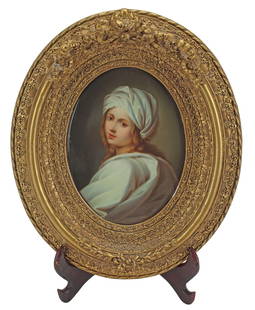 FRAMED BERLIN (K.P.M.) PORCELAIN PORTRAIT PLAQUE BEATRICE CENCI: Berlin (K.P.M.) hand-painted porcelain plaque, Portrait of Beatrice Cenci, after Ginevra Cantofoli (Italian, 1618-1672), impressed scepter mark, housed in an oval frame, sight: approx 6.5"h, 4