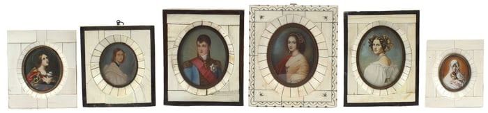 (6) PAINTED PORTRAIT MINIATURES IN TILED FRAMES