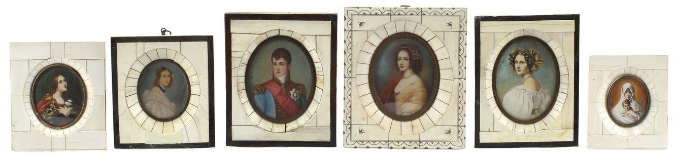 (6) PAINTED PORTRAIT MINIATURES IN TILED FRAMES: (lot of 6) Painted portrait miniatures in tiled frames, including: (2) Napoleon and Josephine Bonaparte, (1) Mary Magdalene, (1) Madonna and Child, (1) Woman with Pearl Jewelry, (1) Young Lady