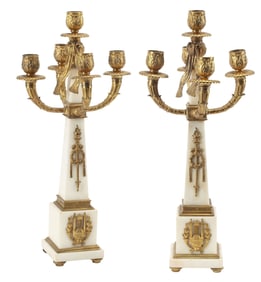 (2) EMPIRE STYLE ORMOLU & ALABASTER FIVE-LIGHT CANDELABRA