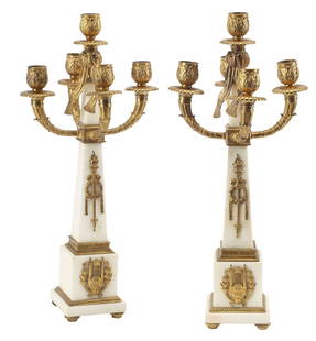 (2) EMPIRE STYLE ORMOLU & ALABASTER FIVE-LIGHT CANDELABRA: (pair) Empire style gilt-bronze and alabaster five-light candelabra, 19th c., approx 20"h, 9.5"diam; 23lbs total