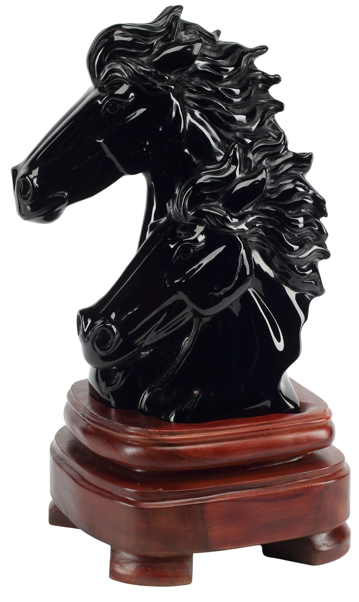 CARVED OBSIDIAN HORSE HEADS ON WOOD STAND