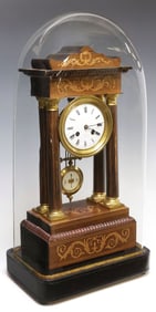 FRENCH NAPOLEON III INLAID ROSEWOOD PORTICO CLOCK IN CLOCHE