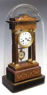 FRENCH NAPOLEON III INLAID ROSEWOOD PORTICO CLOCK IN CLOCHE: French Napoleon III period marquetry-inlaid rosewood portico clock, late 19th c., having scalloped crest, over white enameled dial with partially obliterated mark, Roman numeral hour markers,