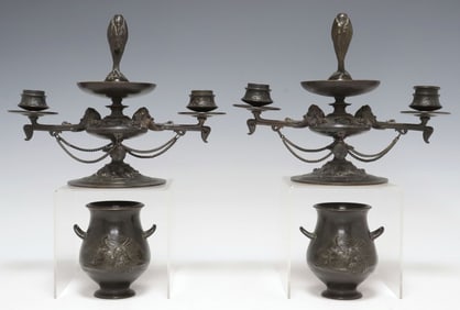 (4) GRAND TOUR STYLE PATINATED BRONZE 2-LIGHT CANDELABRA & URNS