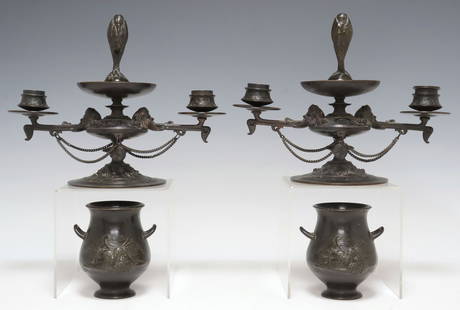 (4) GRAND TOUR STYLE PATINATED BRONZE 2-LIGHT CANDELABRA & URNS: (lot of 4) Grand Tour style patinated bronze tableware, late 19th/ early 20th c., including: (pair) Art Nouveau period two-light candelabra, each depicting crane standing atop tazza-form basin, over