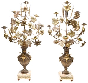 (2) LARGE FRENCH VASIFORM GILT METAL 9-LIGHT CANDELABRA, 36"H