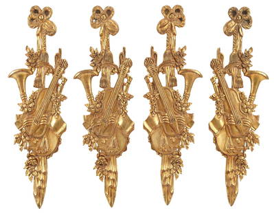 (4) LOUIS XVI STYLE GILTWOOD MUSICAL TROPHIES: (lot of 4) Louis XVI style giltwood musical trophies, approx 44"h, 13"w