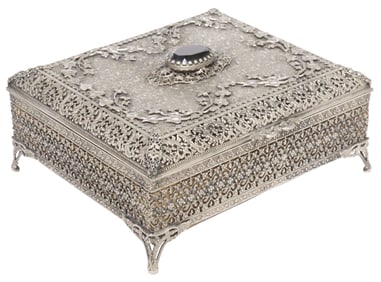 DECORATIVE SILVERED METAL JEWELRY BOX