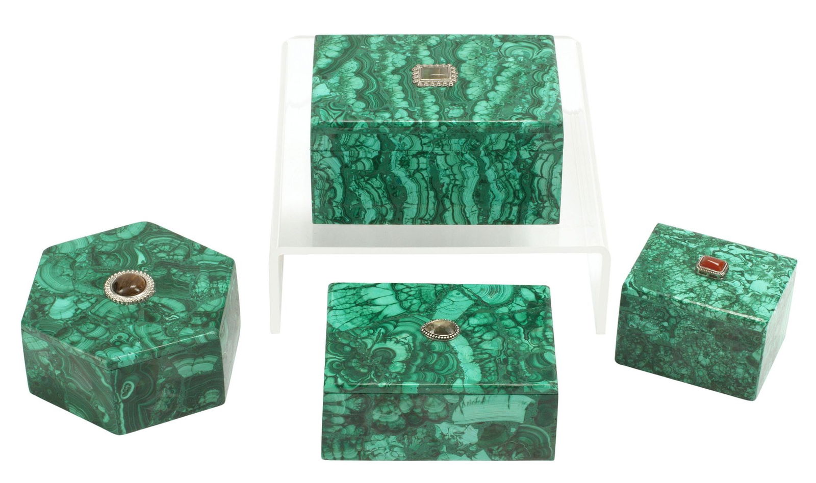 (4) JEWELED MALACHITE TABLE BOXES (1 of 3)