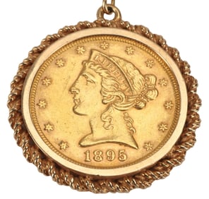LIBERTY HEAD HALF EAGLE $5 GOLD COIN 14KT BEZEL & ROPE CHAIN NECKLACE