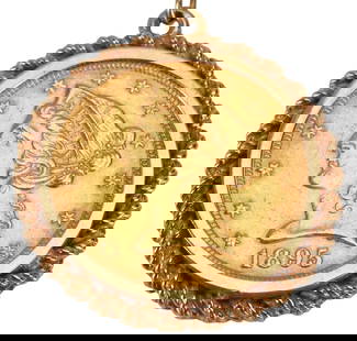 LIBERTY HEAD HALF EAGLE $5 GOLD COIN 14KT BEZEL & ROPE CHAIN NECKLACE: American Liberty Head half eagle five-dollar coin, 1895, 0.2419 oz. 0.9 fine gold, set in a 14kt yellow gold bezel with rope chain accent and pendant bail, on a 14kt yellow gold rope chain necklace, p