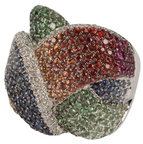 ESTATE 18KT WHITE GOLD PAVE MULTICOLORED SAPPHIRE & DIAMOND KNOT RING
