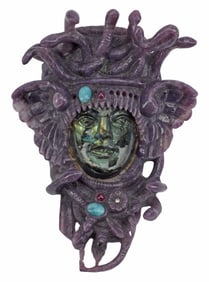 LARGE CARVED PURPLE HARDSTONE & LABADORITE HEAD OF MEDUSA