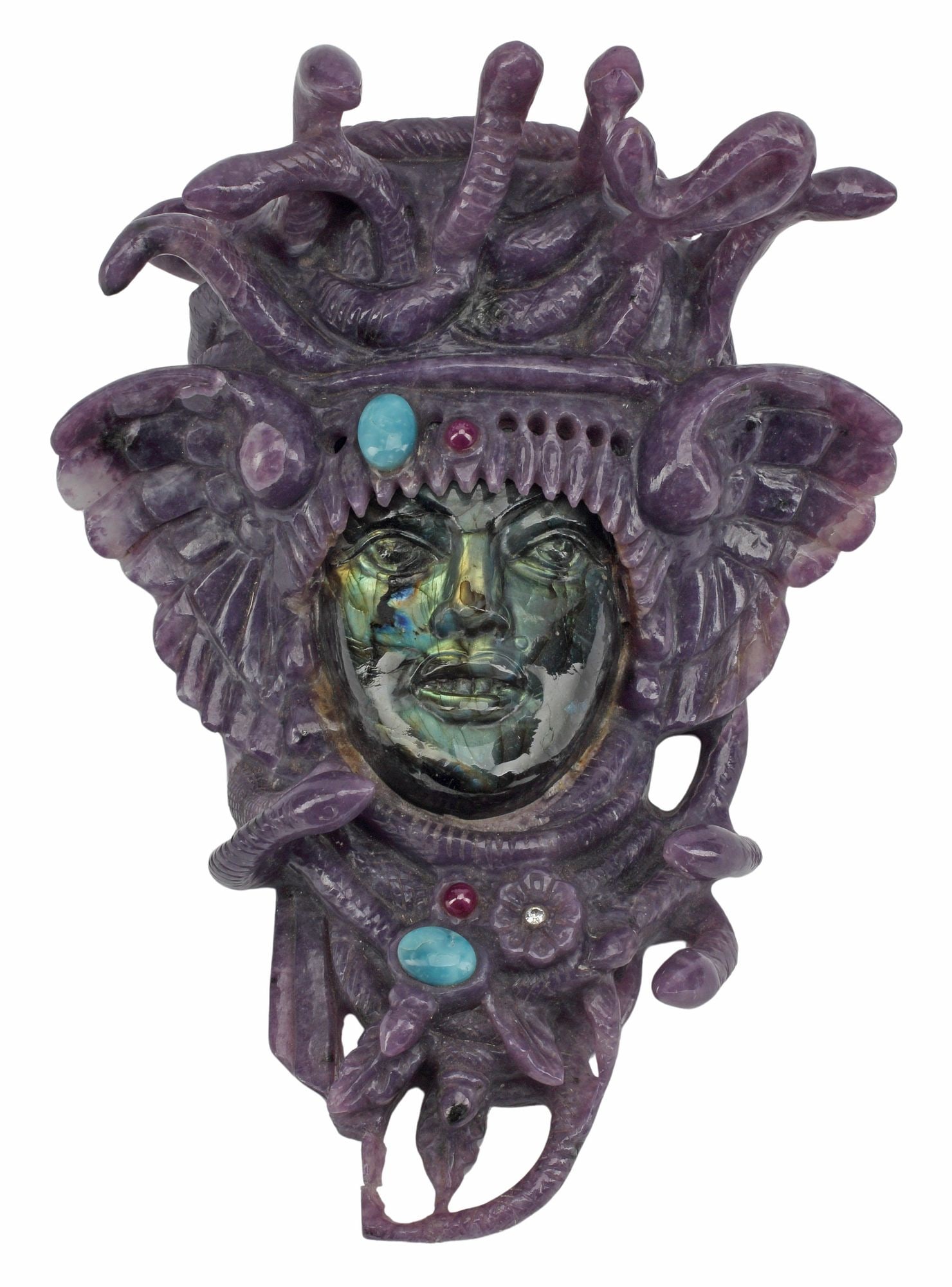 LARGE CARVED PURPLE HARDSTONE & LABADORITE HEAD OF MEDUSA: Large carved labradorite and purple hardstone sculpture, Medusa, with inset colored cabochons and small colorless stone, approx 10"h, 7.5"w, 4.5"d, 7lbs