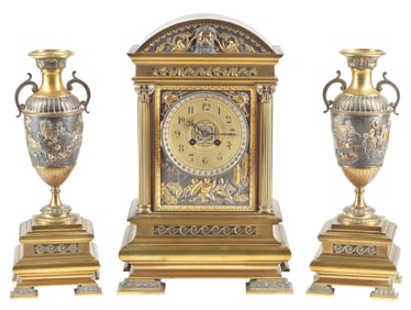 (3) FRENCH NEOCLASSICAL GILT MANTEL CLOCK & URN GARNITURES